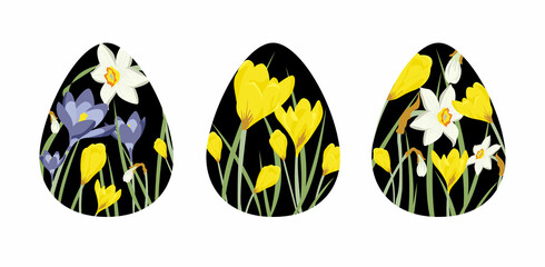 A set of vector Easter eggs. Eggs silhouettes with spring flowers. Happy Easter, decorations for Easter card, banner.  Vector isolated illustration with flowers and easter eggs on white background.