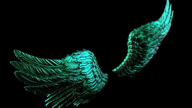 Metallic green wings under black lighting background. Concept image of free activity, decision without regret and strategic action. 3D CG. 3D illustration.