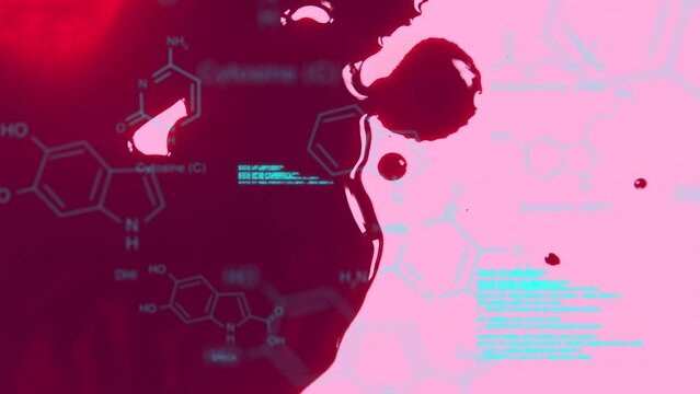 Animation of chemical formulas and data processing over human blood on pink background
