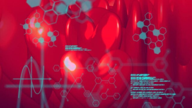Animation of chemical formulas and data processing over rotating hearts