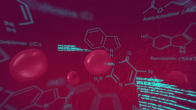 Animation of chemical formulas and data processing over floating blood cells