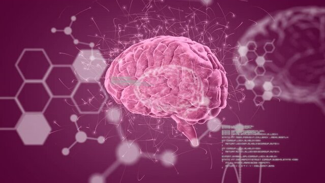 Animation of chemical formulas and data processing over rotating brain and neural connections