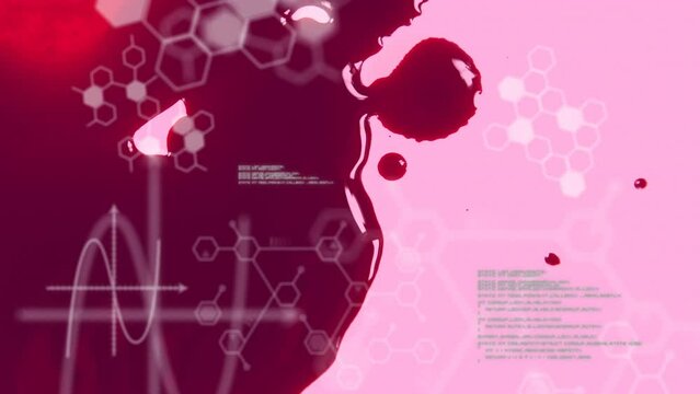 Animation of chemical formulas and data processing over human blood on pink background