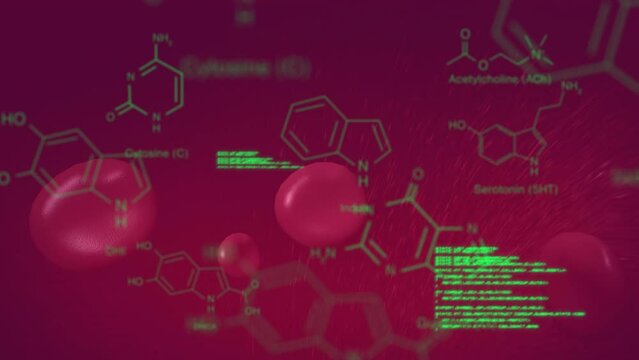 Animation of chemical formulas and data processing over floating blood cells