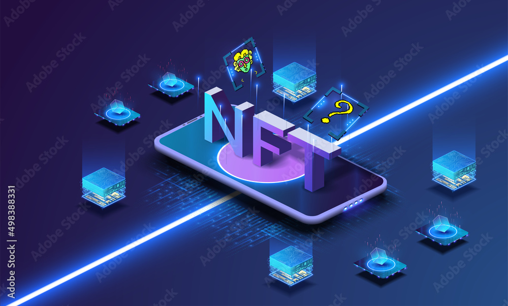 Aufkleber a mobile phone with an app for buying net pictures, neon psychedelic character. nft token in blockch