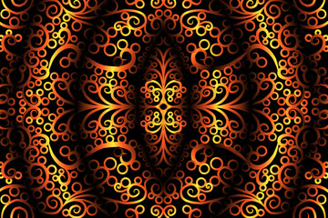 seamless circular circle LUXURIOUS gOLD Colour caleidoscope gradient flower art pattern of indonesian culture traditional tenun batik ethnic dayak ornament for wallpaper with Black background 