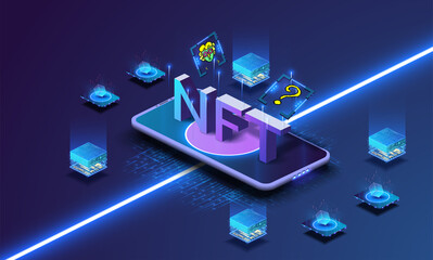 A mobile phone with an app for buying NET pictures, neon psychedelic character. NFT token in blockchain. NFT is an irreplaceable token, cryptographic art on the background of the phone. Page Template - obrazy, fototapety, plakaty