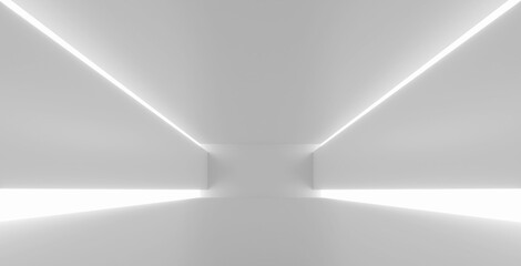 Empty room, white floor with wall for exposure.Modern futuristic technology design. 3d render