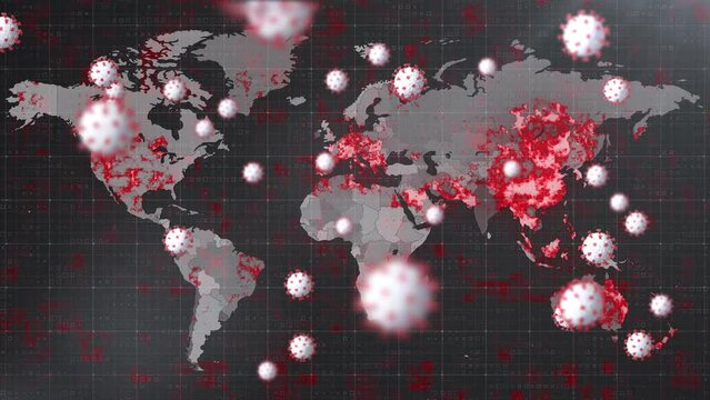 Animation of virus cells rotating over burning world map