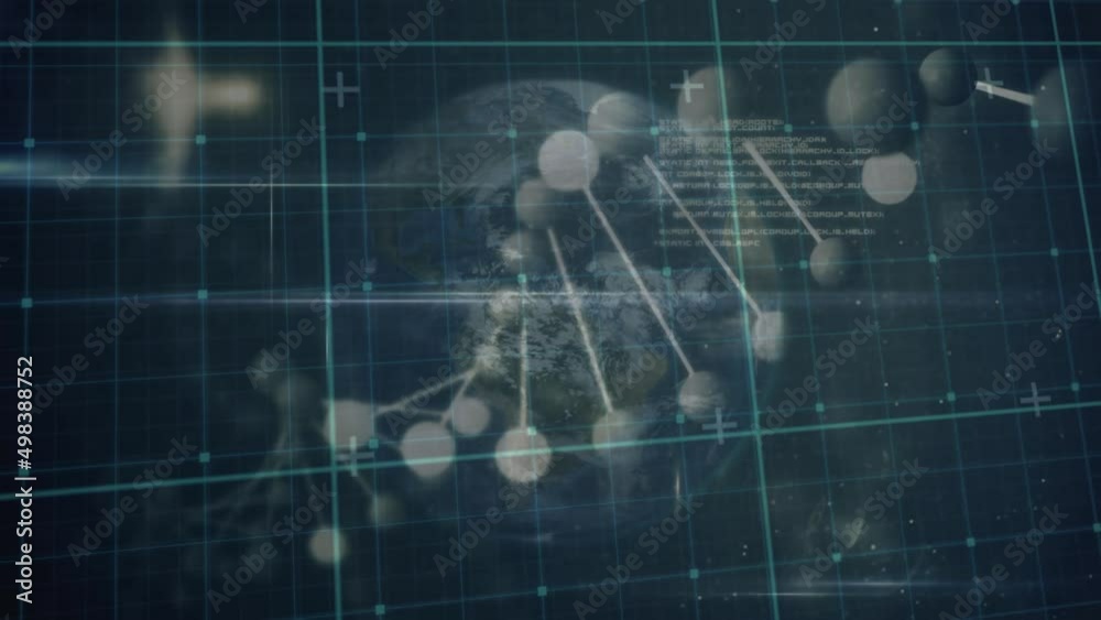 Poster animation of data processing and dna chain over globe in black space