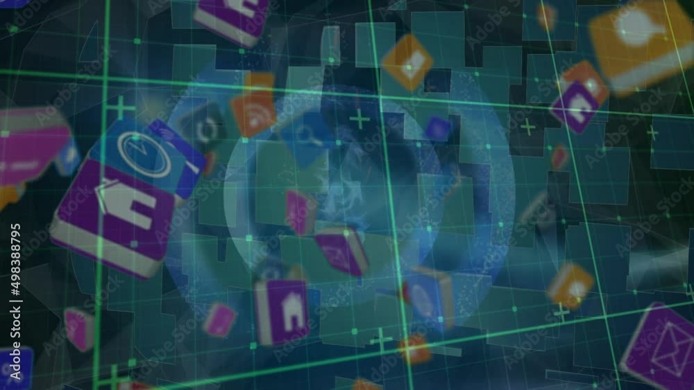 Poster animation of digital icons and data processing over screens and grid background