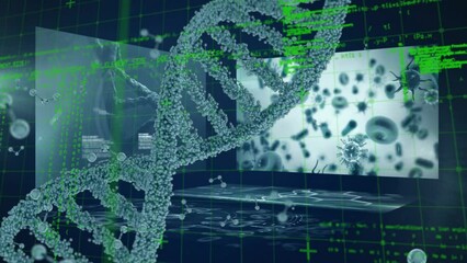 Animation of dna strand spinning, laptop and medical data processing