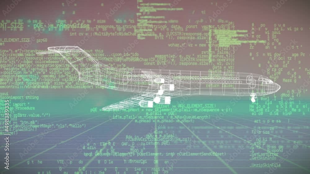 Poster animation of plane project rotating over data processing in green and beige space