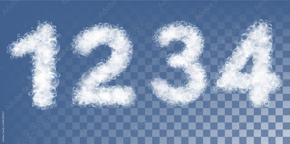 Aufkleber set of 1, 2, 3, 4 numbers made out of soap foam and bubbles. vector
