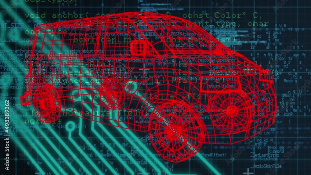 Wall mural animation of car project over integrated circuit over data processing in blue and black space