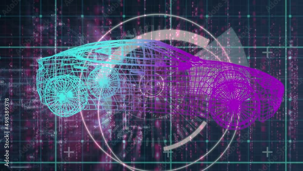 Wall mural animation of car project and circles rotating in violet and black space