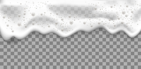 Bath foam or beer foam with bubblies isolated on transparent background. White soap froth texture with bubbles. Vector - obrazy, fototapety, plakaty