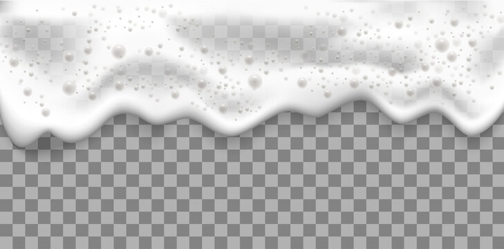 Bath foam or beer foam with bubblies isolated on transparent background. White soap froth texture with bubbles. Vector