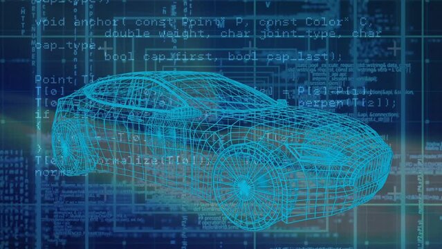 Animation of car project over data processing in blue space