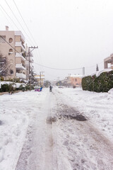 Snow in Vrilissia district, during a snowstorm in Athens city, capital of Greece, Europe.