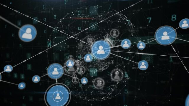 Animation of growing network of people icons over cyber crime warnings