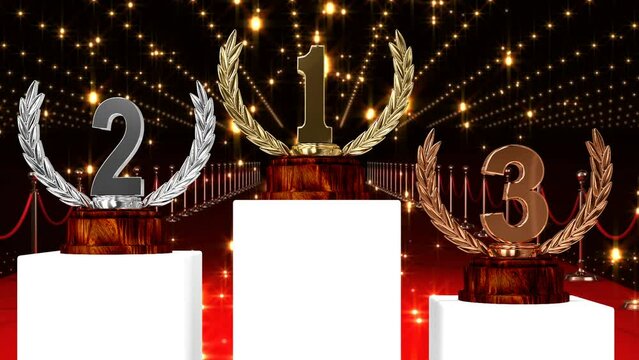 Animation of first, second and third place award trophies at winners' prize giving ceremony