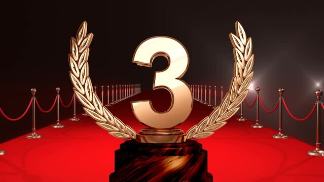 Animation of third place award trophy at winners' red carpet prize giving ceremony