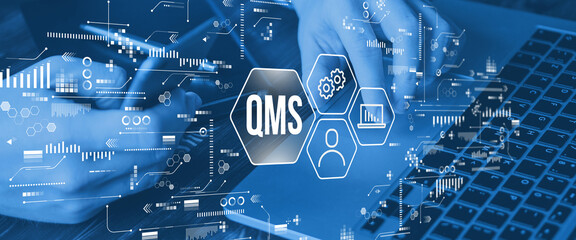 Acronym QMS or Quality Management System. Abstract scheme with text and icons - obrazy, fototapety, plakaty