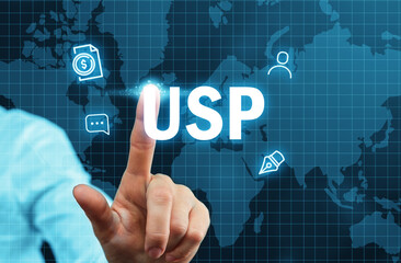 Acronym USP or Unique Selling Proposition. Person clicks on an abstract display with icons