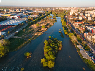 Aerial view of Maritsa river and panorama to City of Plovdiv, Bulgaria