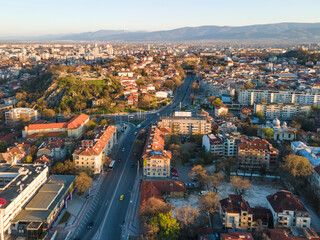 Aerial view of Maritsa river and panorama to City of Plovdiv, Bulgaria