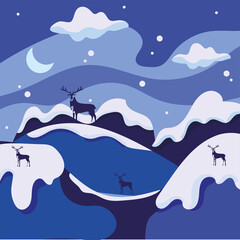 Beautiful cold blue winter landscape with hills and reindeers Vector