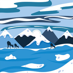 Beautiful light blue winter landscape with hills and reindeers Vector