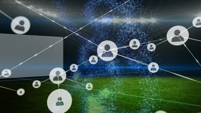Animation of network of connections with icons over sports stadium
