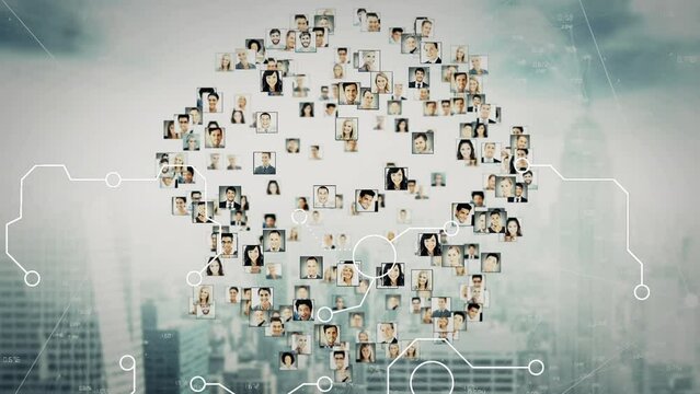 Animation of rotating photos of diverse people over cityscape