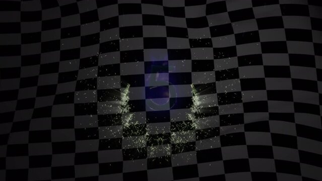 Animation of glowing burning number five over waving black and white racing flag