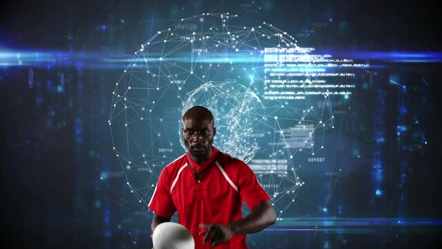 Animation of african american rugby player over globe and network of connections