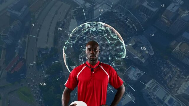 Animation of african american rugby player over globe and network of connections and cityscape
