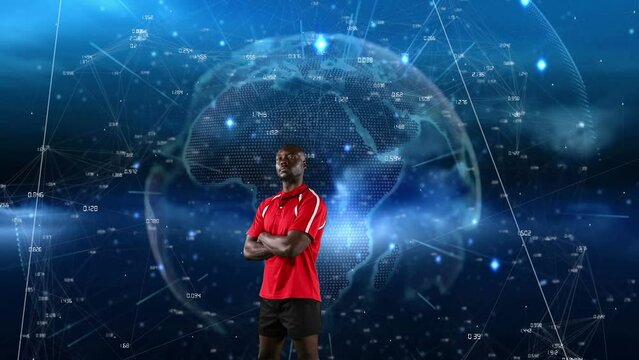 Animation of african american rugby player over globe and network of connections