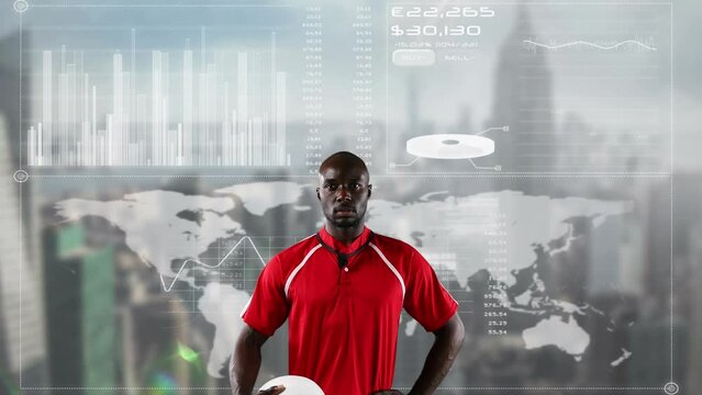 Animation of african american rugby player over diverse data and cityscape