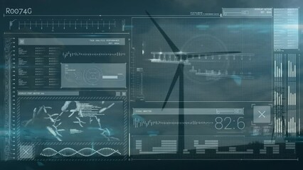 Animation of data processing over wind turbine and sky with clouds - Powered by Adobe