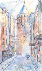14th century Galata tower and old street in Istanbul, watercolor drawing. Historical tourist attraction of the capital of Turkey.