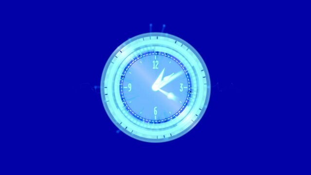 Animation of moving clock over light trails on blue background