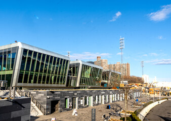 Staten Island, NY - USA - April 10, 2022: Horizontal view of the Empire Outlets New York City. A retail complex in the St. George neighborhood of Staten Island near the Staten Island Ferry.