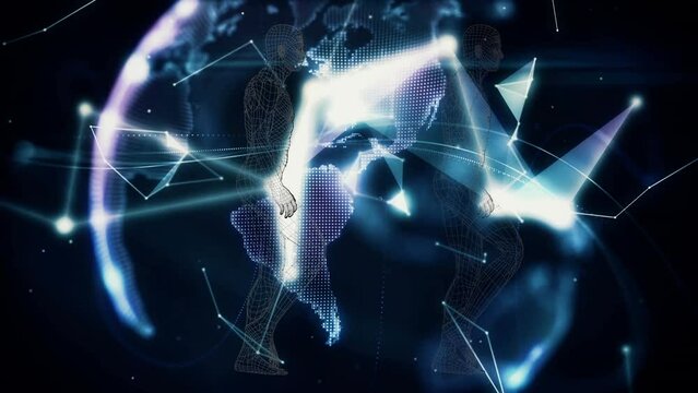 Animation of digital human model over hand holding globe on black background