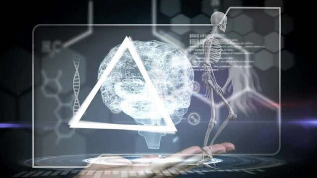 Animation of triangles and skeleton model over hand holding digital brain on black background
