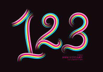 123 years anniversary celebration logotype colorful line vector, 123th birthday logo, 123 number, Banner template, vector design template elements for invitation card and poster. - obrazy, fototapety, plakaty