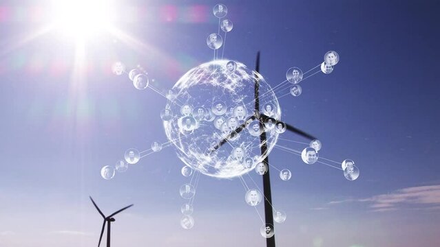 Animation of globe with people icons over wind turbines