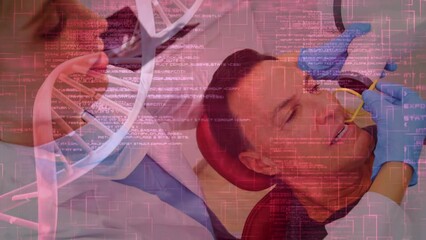 Animation of dna strand spinning and l data processing over caucasian female dentist and patient - Powered by Adobe