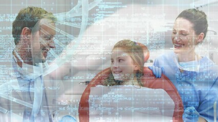 Animation of dna strand spinning and data processing over caucasian dentist and girl patient - Powered by Adobe